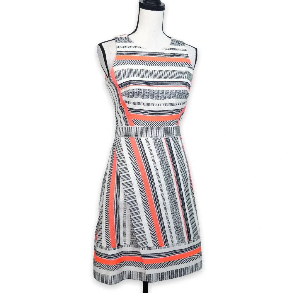 Kate Spade Ribbon Jacquard Dress Size‎ 0 Neon Striped Tweed A-Line Sleeveless
